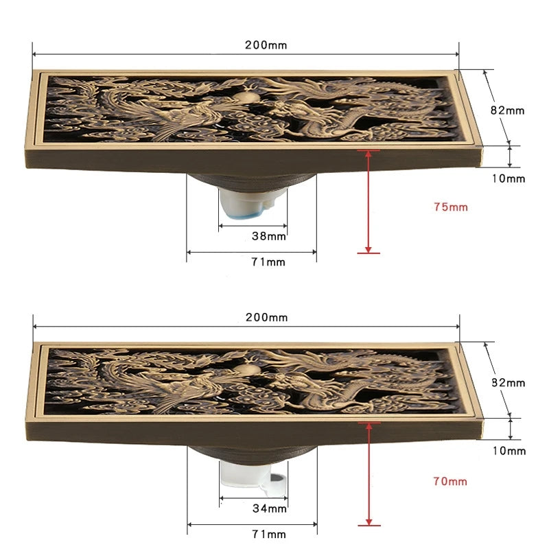 Dragon Phoenix Chinese Myth Antique Chrome Brass Linear Shower Drain 8.2x20CM Bathroom Floor Drainer Trap Waste Grate Strainer