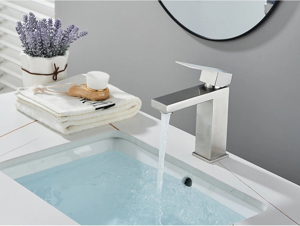 Brushed Nickel Basin Faucet Black Bathroom Faucet Deck Mounted Basin Sink Tap Mixer Hot & Cold Water Stainless Steel Faucet