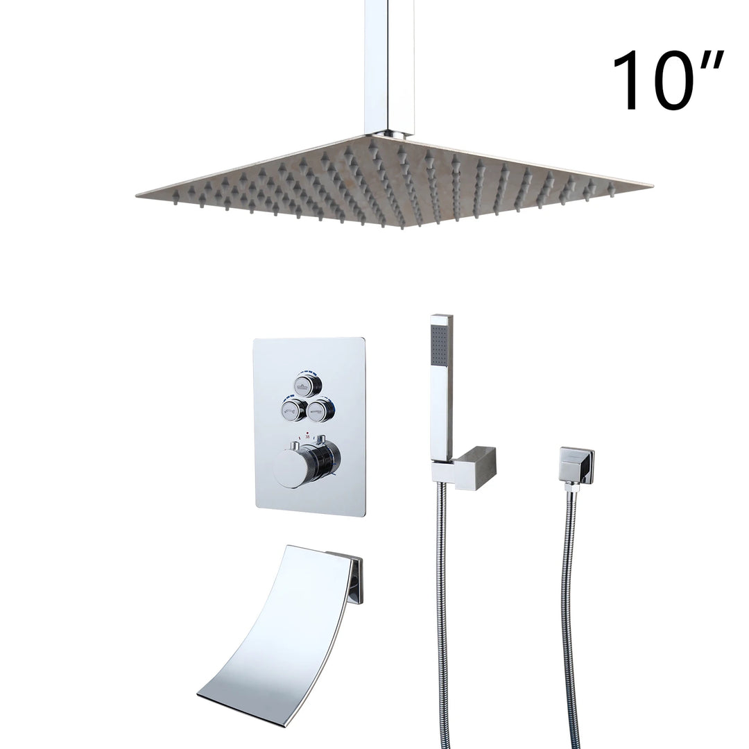 KEMAIDI Bathroom Wall Mount Thermostatic Rainfall Shower Faucet Set Chrome Concealed Shower System Waterfall Tub Spout Mixer Tap