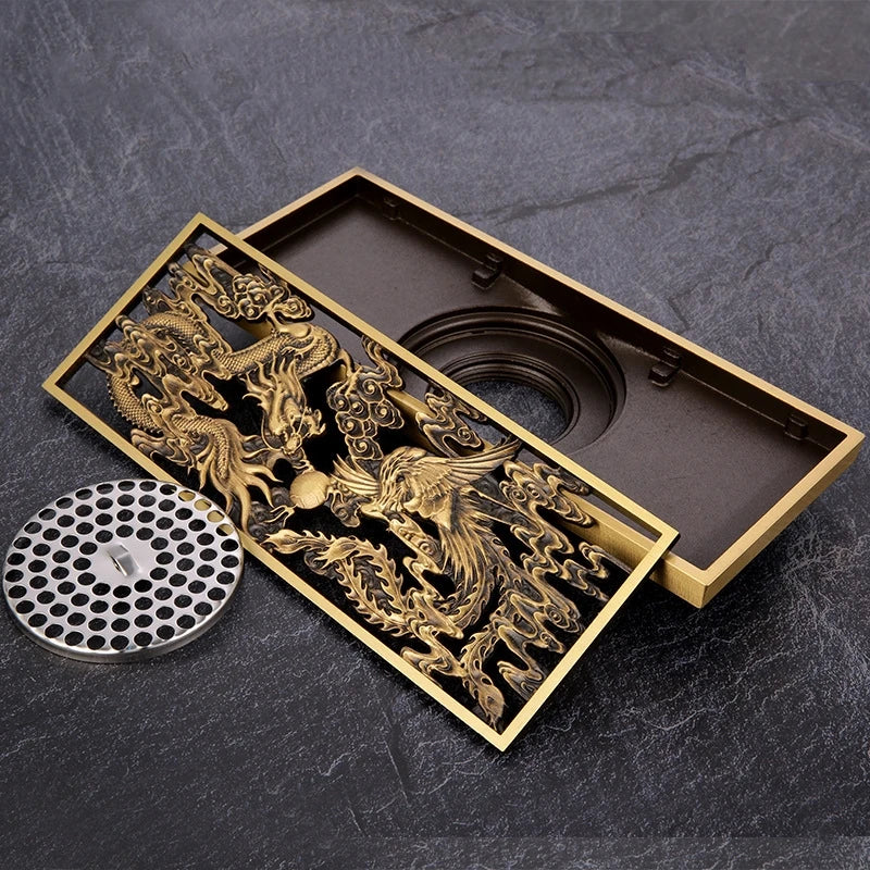 Dragon Phoenix Chinese Myth Antique Chrome Brass Linear Shower Drain 8.2x20CM Bathroom Floor Drainer Trap Waste Grate Strainer