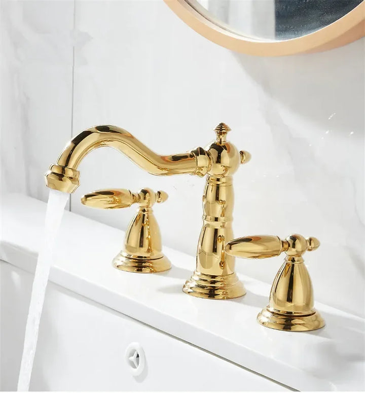 Basin Faucet Brass Gold Widespread Bathroom  Antique Sink  3 Hole Hot And Cold Water  Tap Pop Up