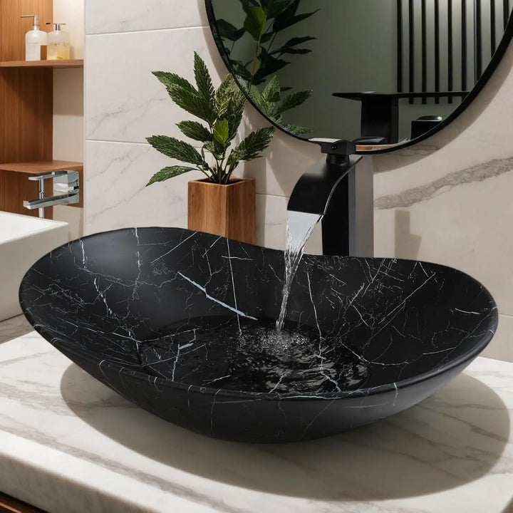 KEMAIDI Black Ceramic Vessel Sink with Faucet and Drain Combo 24 inch Oval Above Counter Bathroom Sink Bowl with Marbling Basin