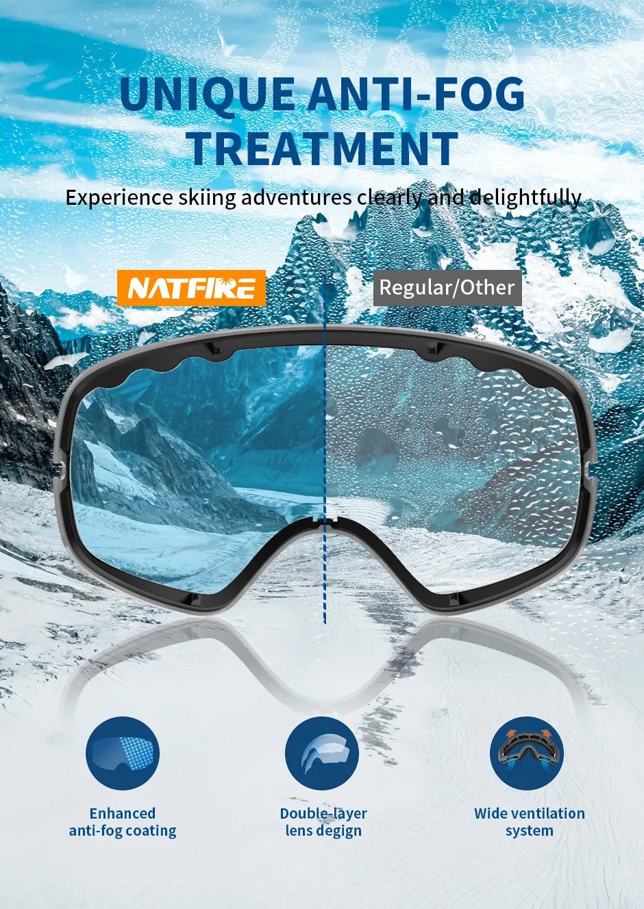 Ski Goggles Pro 100% UV400 Protection Anti Fog Interchangeable Lens Skiing Glasses Snowboard Snow Goggles for Men Women Natfire