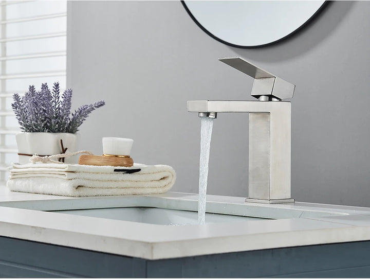 Brushed Nickel Basin Faucet Black Bathroom Faucet Deck Mounted Basin Sink Tap Mixer Hot & Cold Water Stainless Steel Faucet