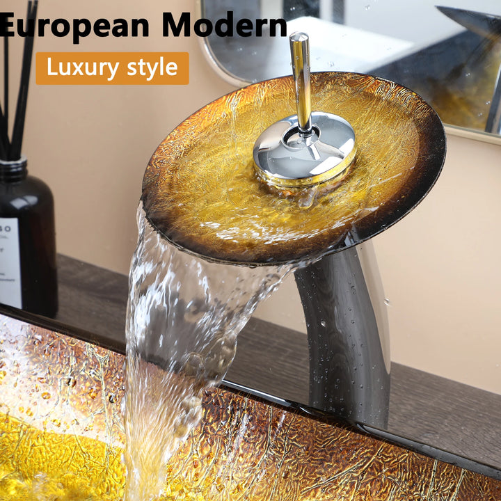 KEMAIDI Big Tempered Glass Basin Sink Washbasin Bathroom Vessel Sinks Counter Top Bowl Washroom Vessel Vanity Sink Faucet Set