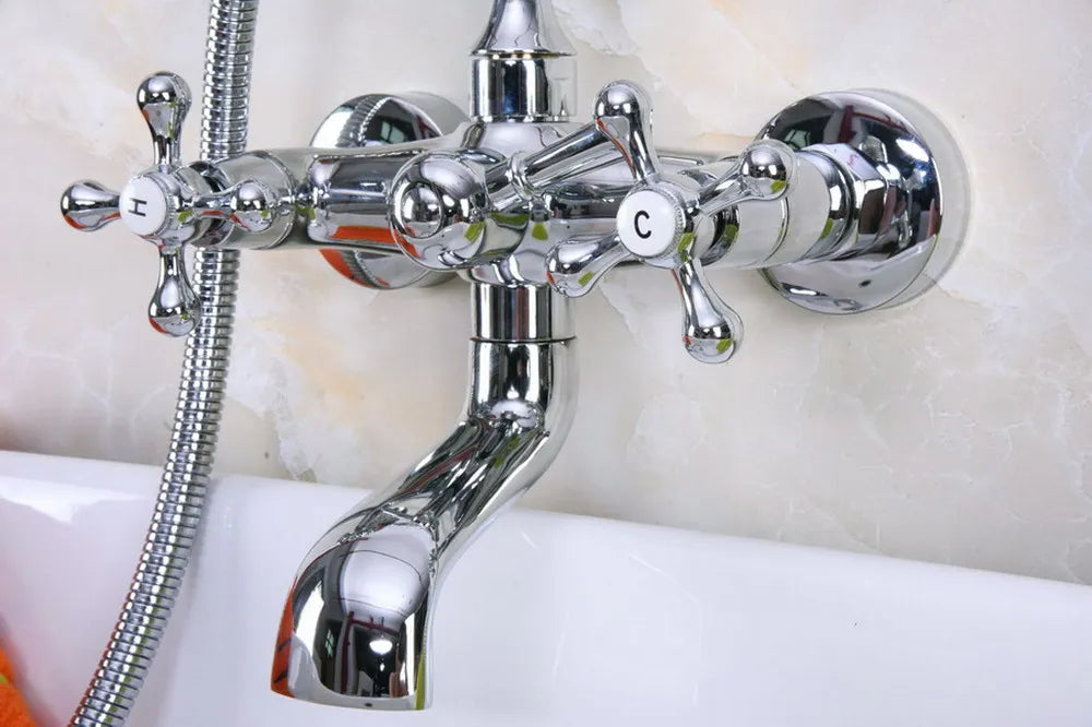 Dual Cross Handles Chrome Finish Bathroom Tub Faucet with Hand Held Shower Sprayer