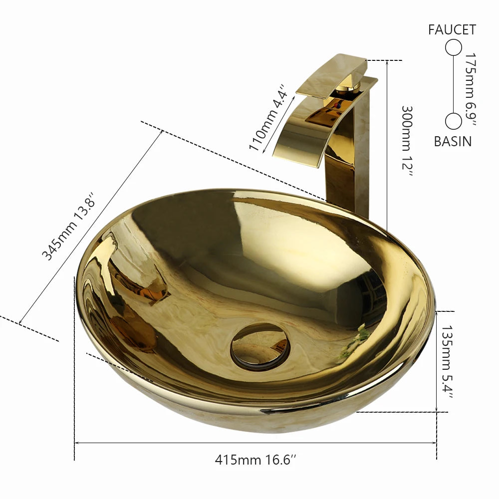 KEMAIDI Bathroom Vessel Sink 16 Inch Gold Ceramic Sink Bowl With Faucet Oval