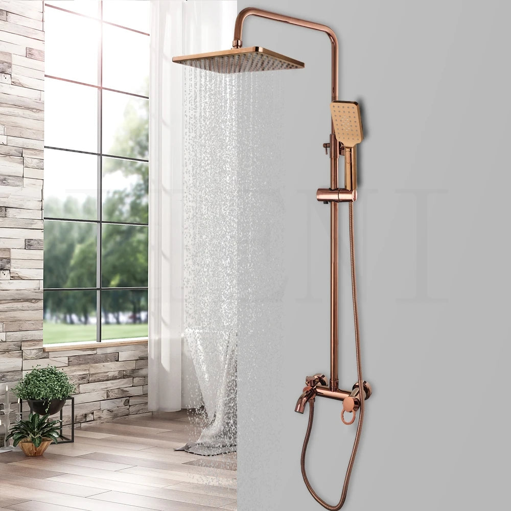 JIENI Luxury Rose Golden Shower Faucet Set Solid Brass Handle Bathroom Bathtub Mixer Rainfall Hand Shower & Spray Shower Facuet
