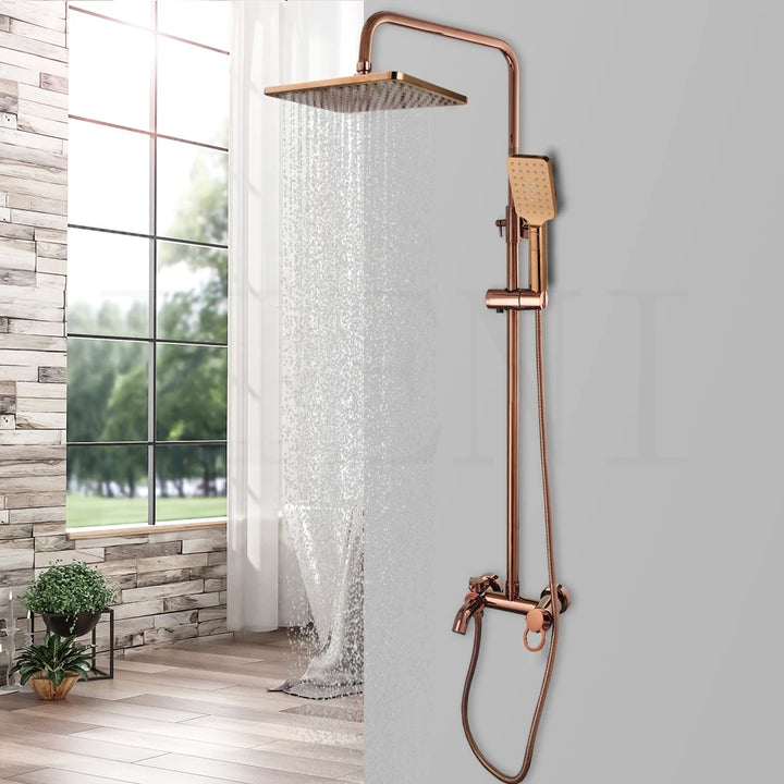 JIENI Luxury Rose Golden Shower Faucet Set Solid Brass Handle Bathroom Bathtub Mixer Rainfall Hand Shower & Spray Shower Facuet
