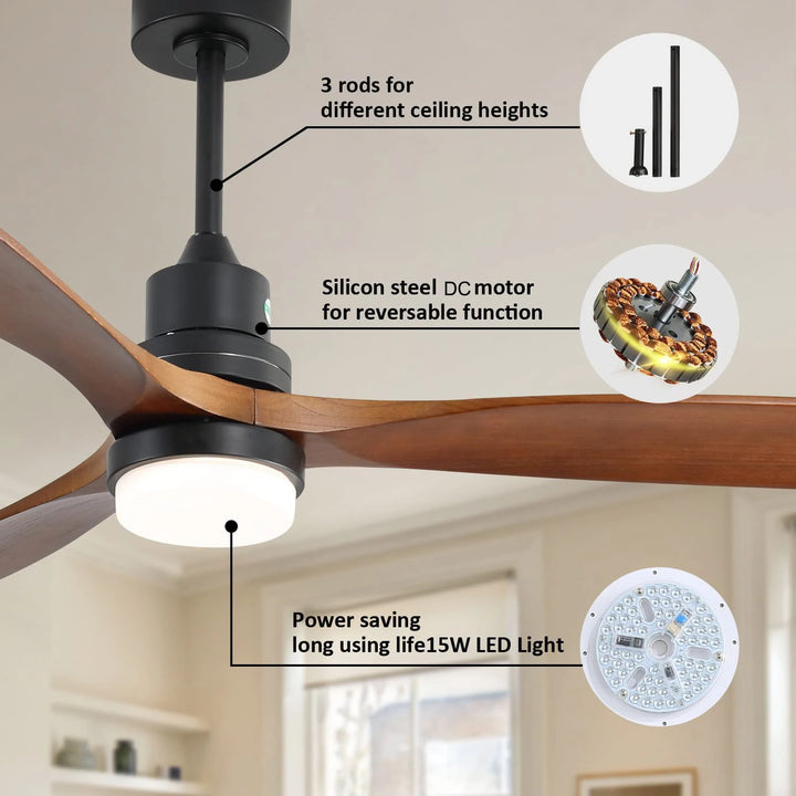 Industrial Ceiling Fans with Lights Remote Control Indoor Outdoor Wood Ceiling Fan with 3 Blade for Patio Living Room Bedroom