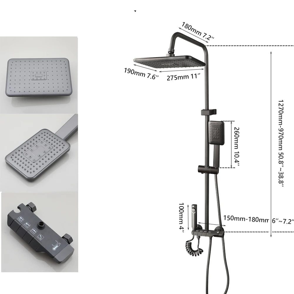 KEMAIDI Piano Key Shower Faucet Set Grey Shower System 4 Function Bathroom Rain Shower Combo Set Brass Bathtub Faucets Mixer