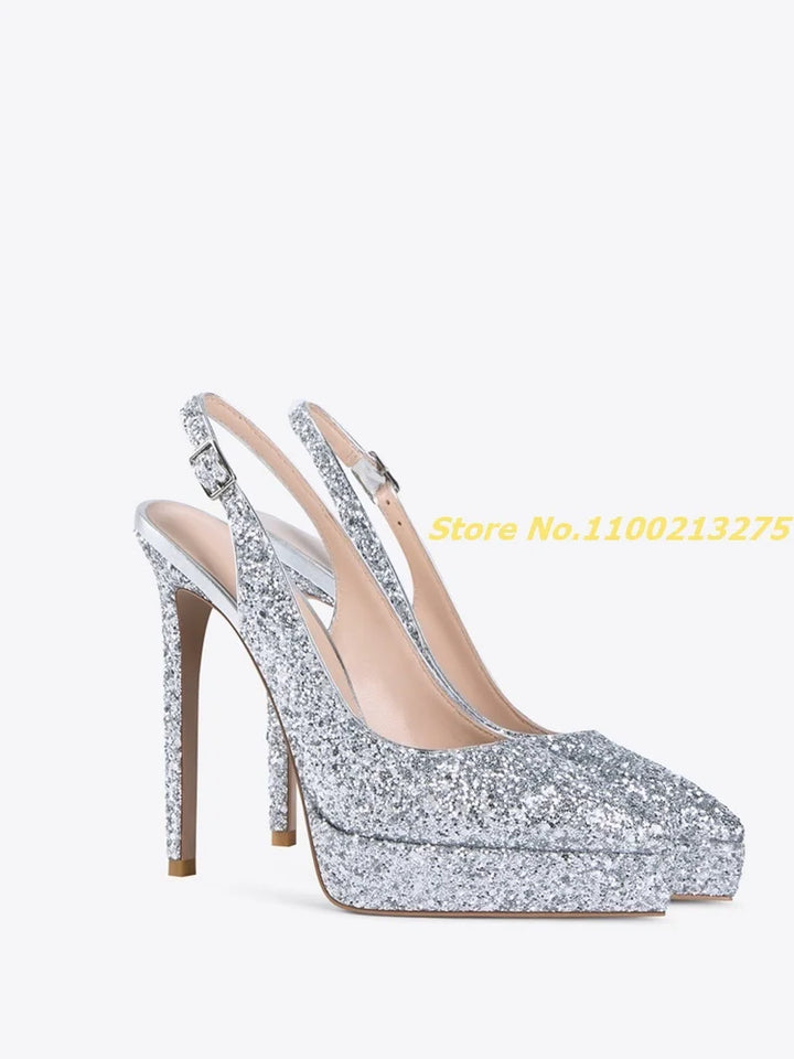 Glitter Back Strap Pumps Platform Thin High Heel Sexy Pointed Toe Sequined Cloth Dress Women Shoes Pink Silver Custom Made Shoes