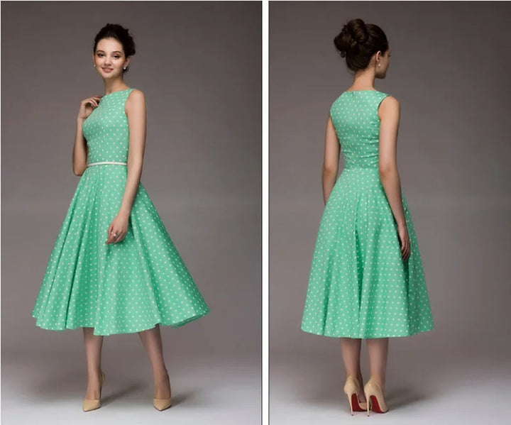 Vintage Dress Sleeveless O-neck Vestidos Women Elegant Thin Dot Printing Mid-Calf Casual Dress Female 2023 Summer New