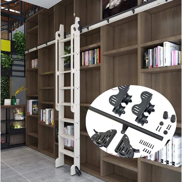 8FT(244cm)  Retractable Sliding Library  Hardware Kit No Ladder,Round Tube Rolling Ladder Track, Floor Roller with Brake