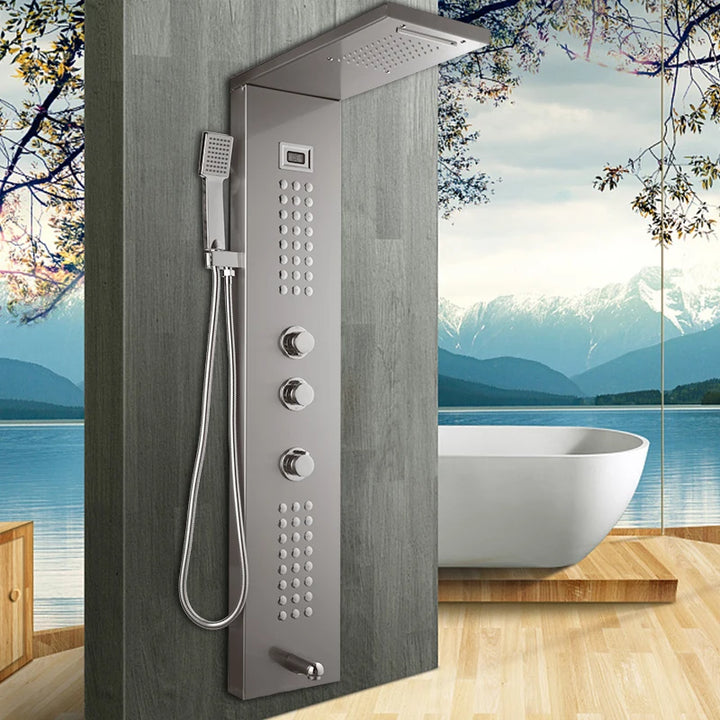 KEMAIDI Black Column  Shower Faucet Bath Shower System Temperature Digital Display LED Shower Panel Body Massage Jets 12 Choice