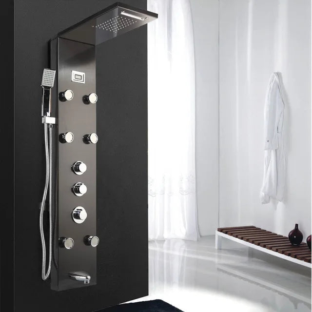 KEMAIDI Black Column  Shower Faucet Bath Shower System Temperature Digital Display LED Shower Panel Body Massage Jets 12 Choice