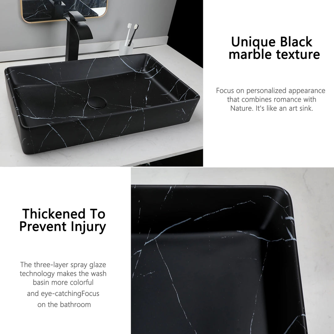 KEMAIDI Black Vanity Sink Rectangle Marble Bathroom Vessel Sink Above Counter Sinks for Bathrooms