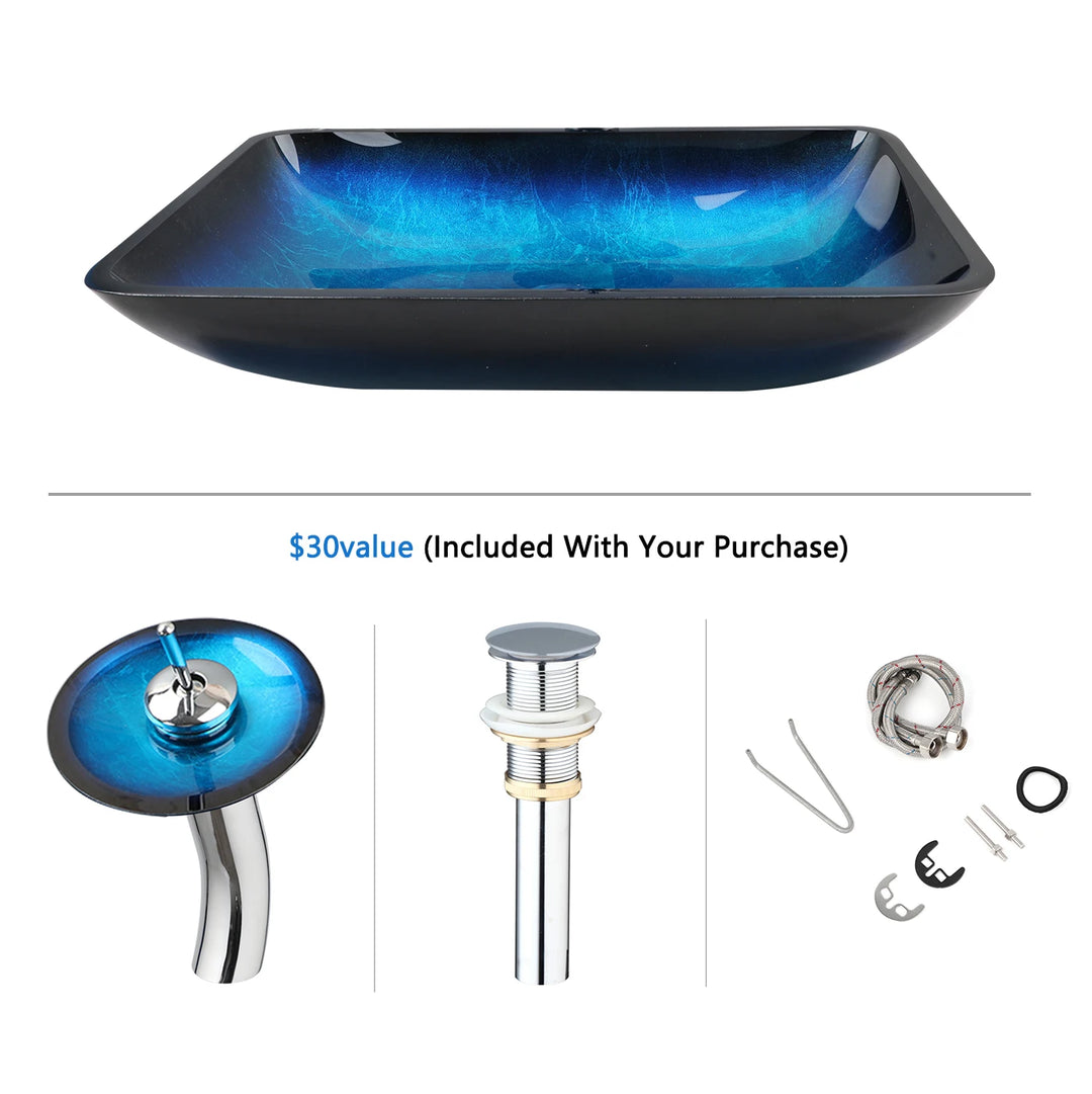 KEMAIDI Big Tempered Glass Basin Sink Washbasin Bathroom Vessel Sinks Counter Top Bowl Washroom Vessel Vanity Sink Faucet Set