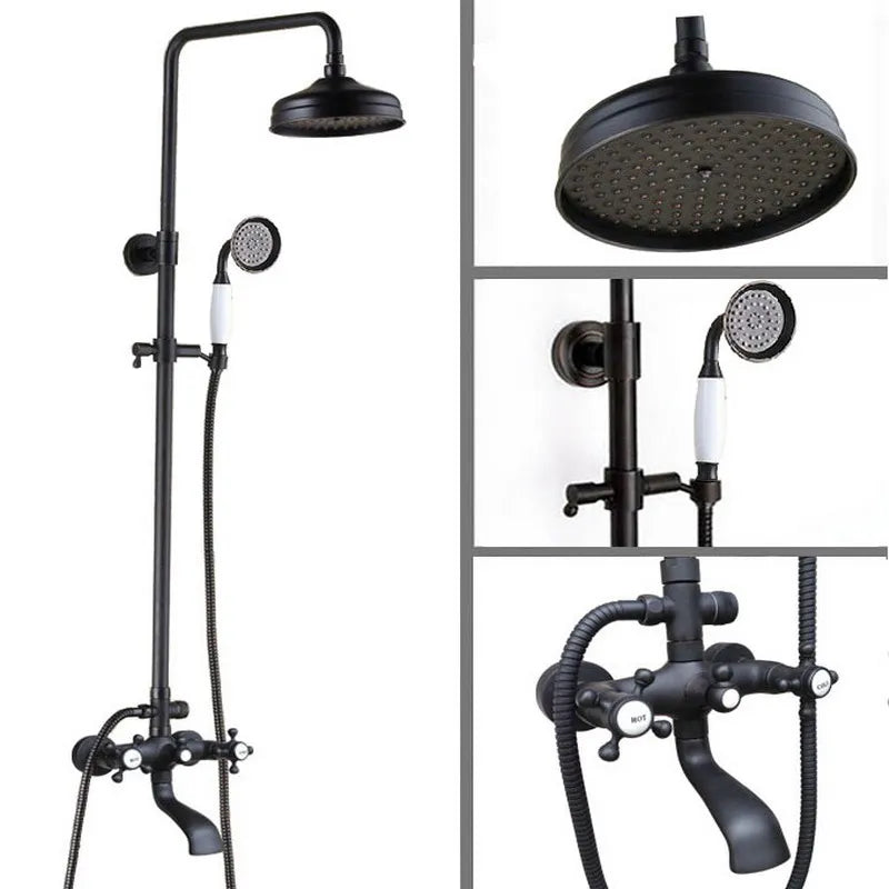 Black Oil Rubbed Brass Wall Mounted Waterfall Rain Shower Faucet Set Dual Cross Handles Bathroom Bathtub Water Tap ahg102