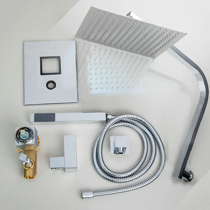 Torayvino Bathroom Shower Set LED Square Rainfall Shower Head Wall Mounted W/ Control Valve Hand Sprayer Chrome Polished Kit