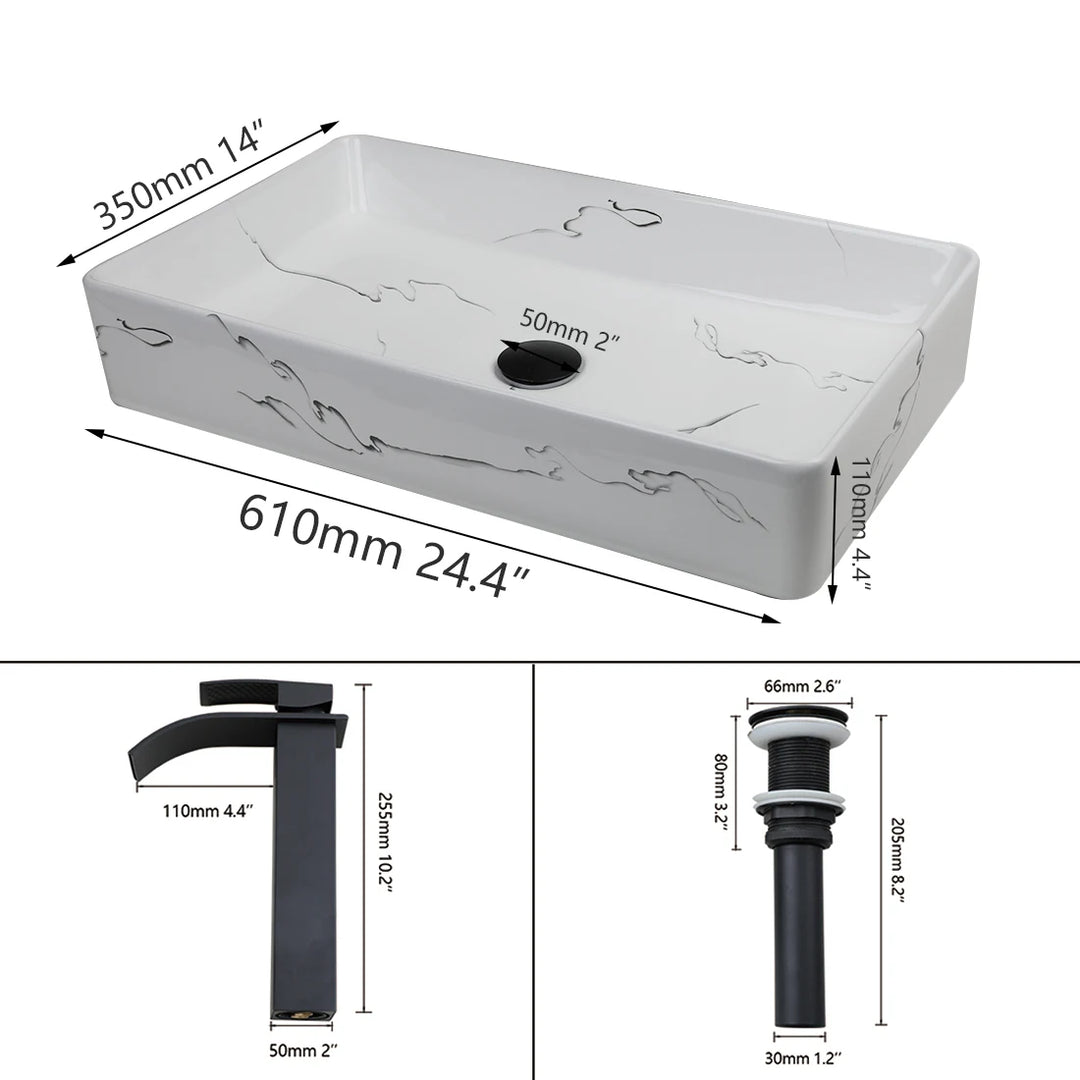 KEMAIDI Black Vanity Sink Rectangle Marble Bathroom Vessel Sink Above Counter Sinks for Bathrooms