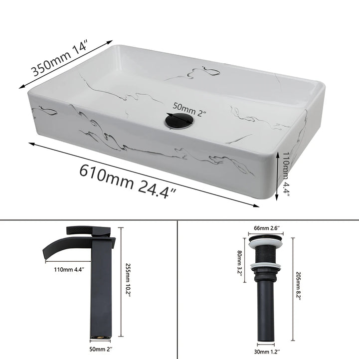 KEMAIDI Black Vanity Sink Rectangle Marble Bathroom Vessel Sink Above Counter Sinks for Bathrooms