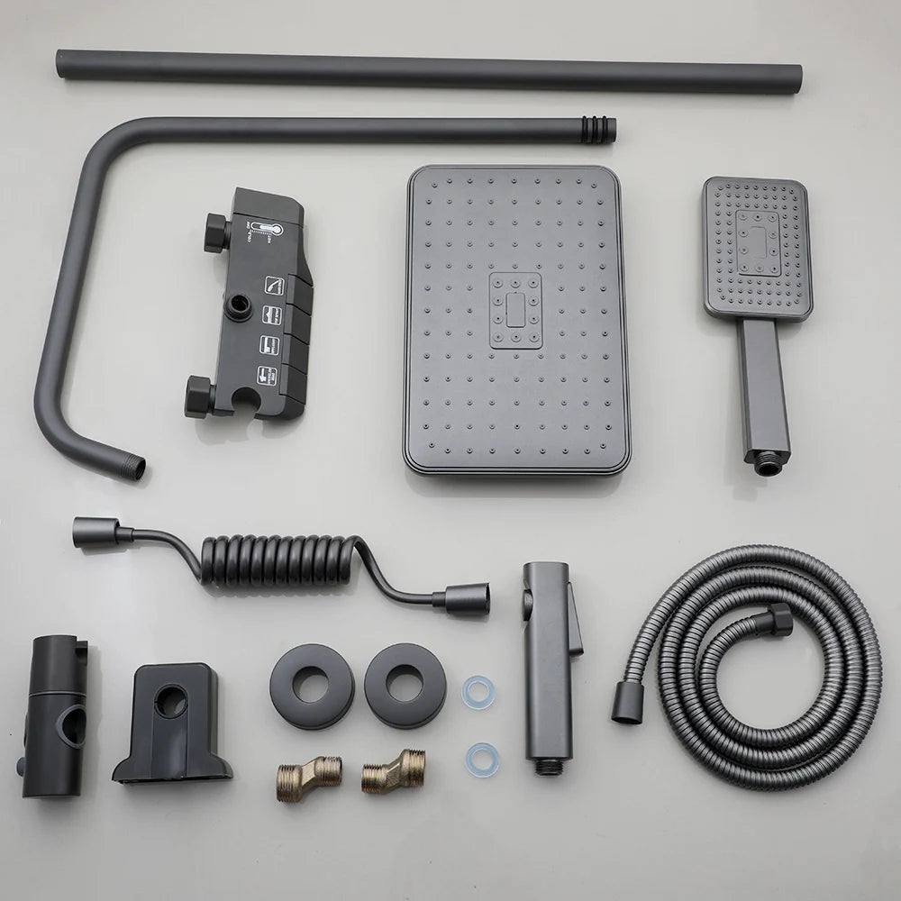 KEMAIDI Piano Key Shower Faucet Set Grey Shower System 4 Function Bathroom Rain Shower Combo Set Brass Bathtub Faucets Mixer