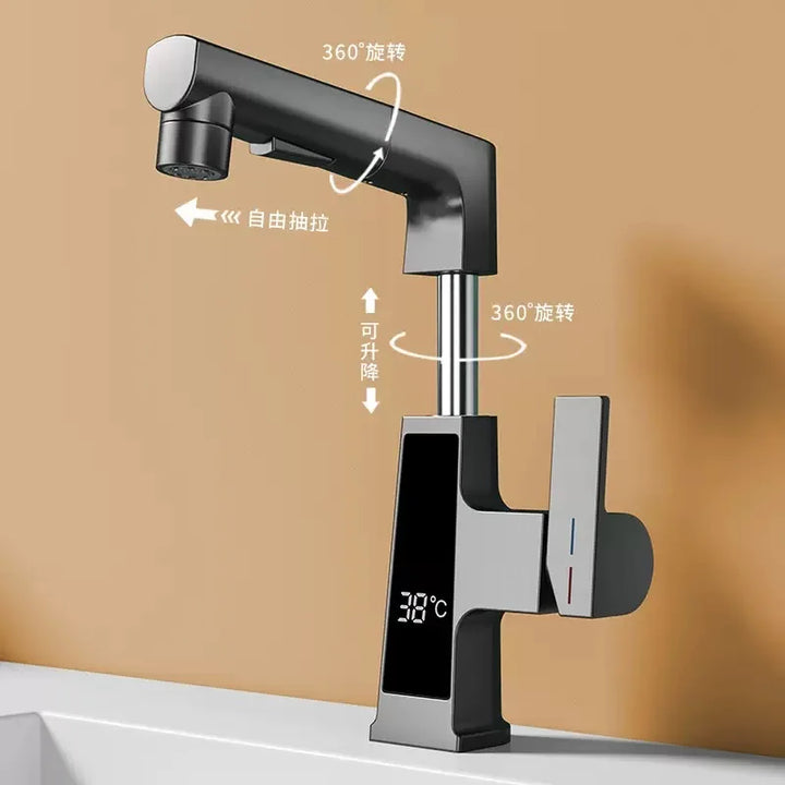 Digital Display Pulling Faucet Intelligent Temperature Sensor Brass Washbasin Taps Rotating Lifting Cold and Hot Water Mixer Tap