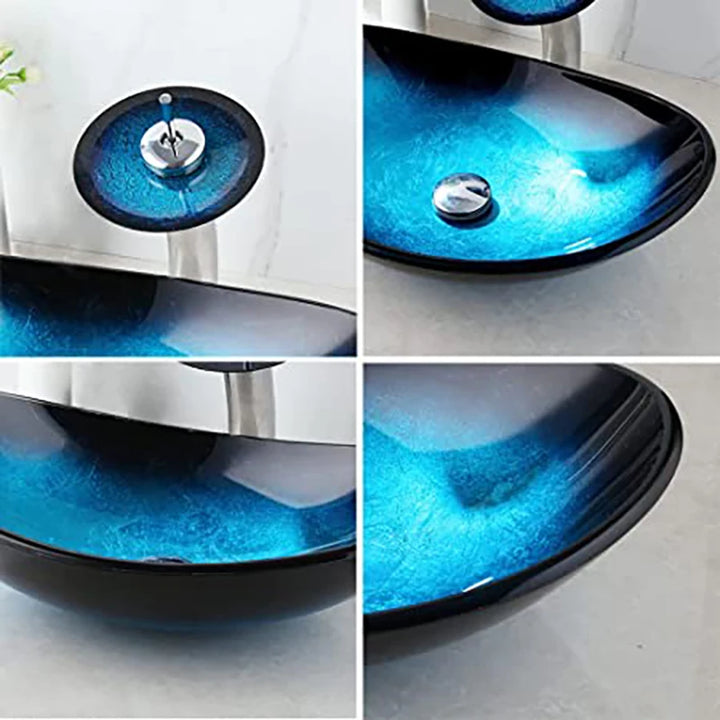 KEMAIDI Bathroom Sink Countertop Basin Bowl with Faucet Washroom Vessel Vanity Sinks Tempered Glass Basin Washbasin Faucet Set