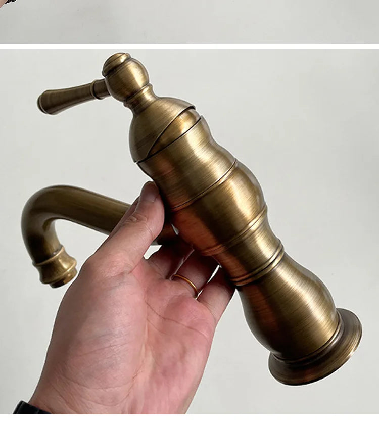 Vintage copper basin faucet French light luxury bathroom cabinet bathroom sink hot and cold water faucet can be rotated