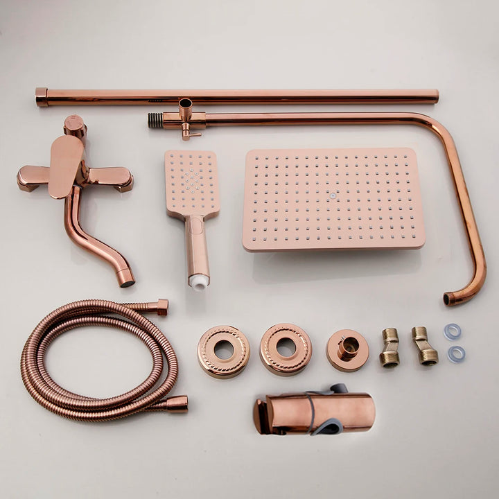 JIENI Luxury Rose Golden Shower Faucet Set Solid Brass Handle Bathroom Bathtub Mixer Rainfall Hand Shower & Spray Shower Facuet