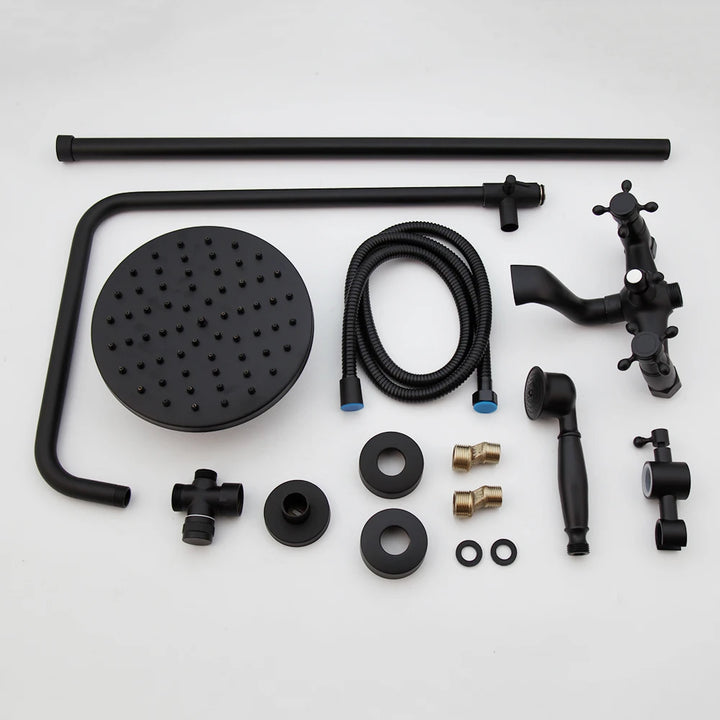 KEMAIDI Bathroom Black Shower Set Wall Mounted 8" Rainfall Shower Faucet 3-functions 2 Cross Handles Solid Brass Shower Fixtures