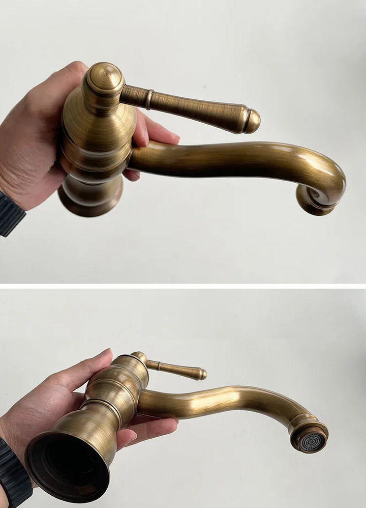 Vintage copper basin faucet French light luxury bathroom cabinet bathroom sink hot and cold water faucet can be rotated