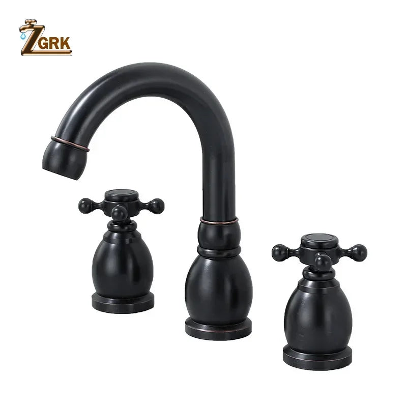 Brass Bathroom Faucet Set Dual Holder Three-hole Wash Basin Faucet Split Hot and Cold Water Sink Taps 5pc Black Tap