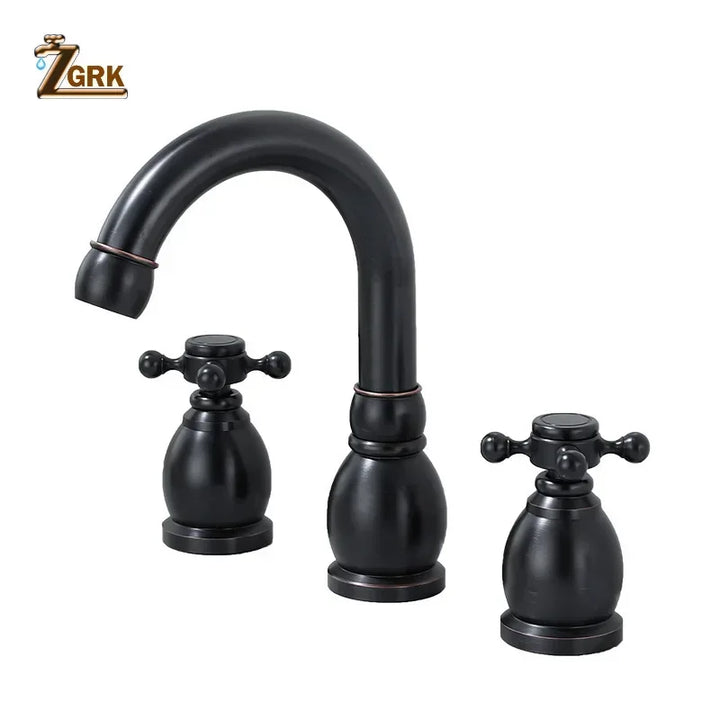 Brass Bathroom Faucet Set Dual Holder Three-hole Wash Basin Faucet Split Hot and Cold Water Sink Taps 5pc Black Tap