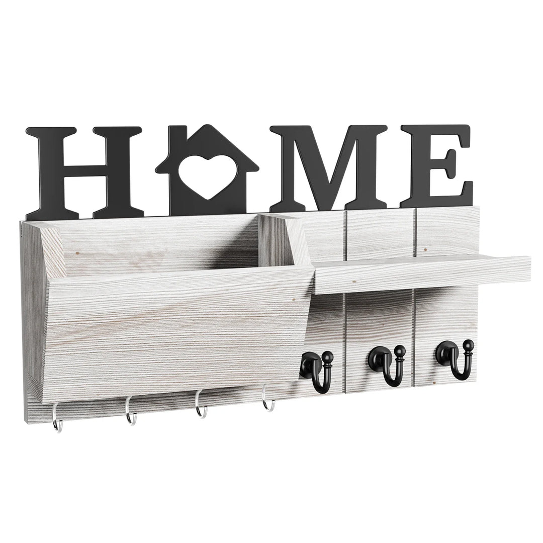 Key and Mail Holder for Wall, Wooden Key Holder and Mail Organizer for Wall Mount with 7 Hooks, Decorative Hanging Rustic Decor