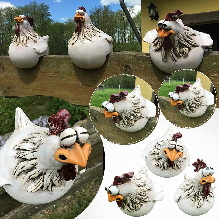 Chicken Sitting on Fence Decor Garden Statues for Fences Rooster Wall Art Yard Sculptures Farm Patio Lawn Decoration