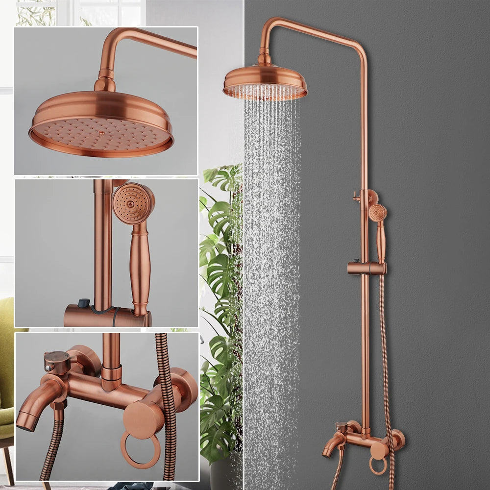 KEMAIDI Antique Copper Bathroom Shower Set Rainfall Bath Shower Systerm 3 Functions Mixer W/Hand Shower Faucet Bathtub Tap