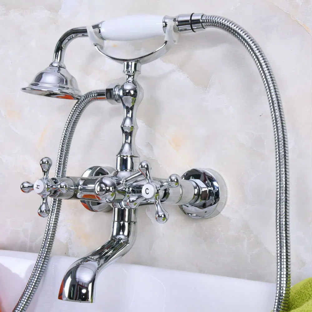 Dual Cross Handles Chrome Finish Bathroom Tub Faucet with Hand Held Shower Sprayer