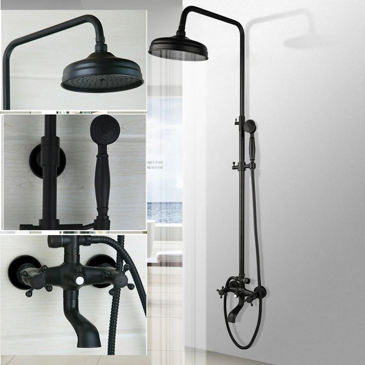 KEMAIDI Bathroom Black Shower Set Wall Mounted 8" Rainfall Shower Faucet 3-functions 2 Cross Handles Solid Brass Shower Fixtures