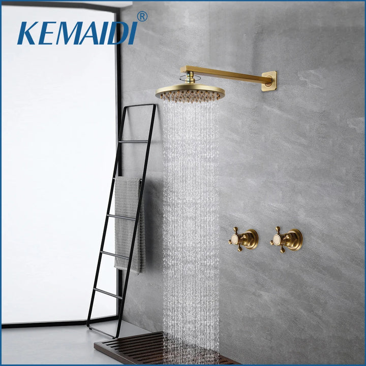 KEMAIDI Shower Faucet Sets 8 inch Antique Brass Round Rainfall Shower Head Wall Mounted Bathroom 2 Handles Shower Systerm