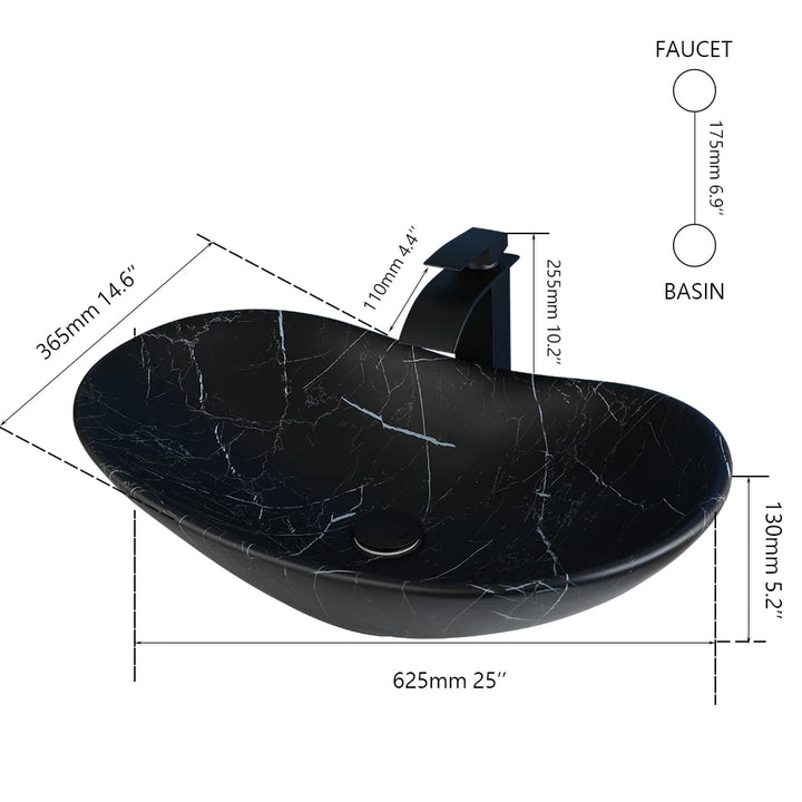KEMAIDI Black Ceramic Vessel Sink with Faucet and Drain Combo 24 inch Oval Above Counter Bathroom Sink Bowl with Marbling Basin