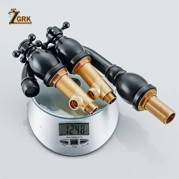 Brass Bathroom Faucet Set Dual Holder Three-hole Wash Basin Faucet Split Hot and Cold Water Sink Taps 5pc Black Tap