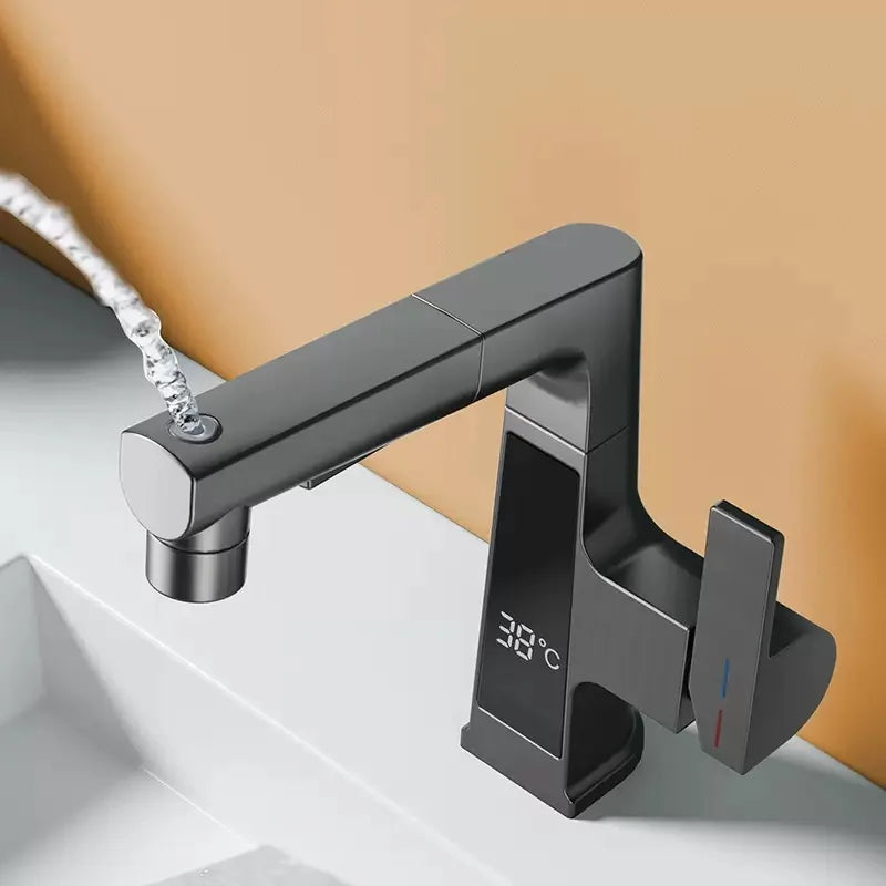 Digital Display Pulling Faucet Intelligent Temperature Sensor Brass Washbasin Taps Rotating Lifting Cold and Hot Water Mixer Tap