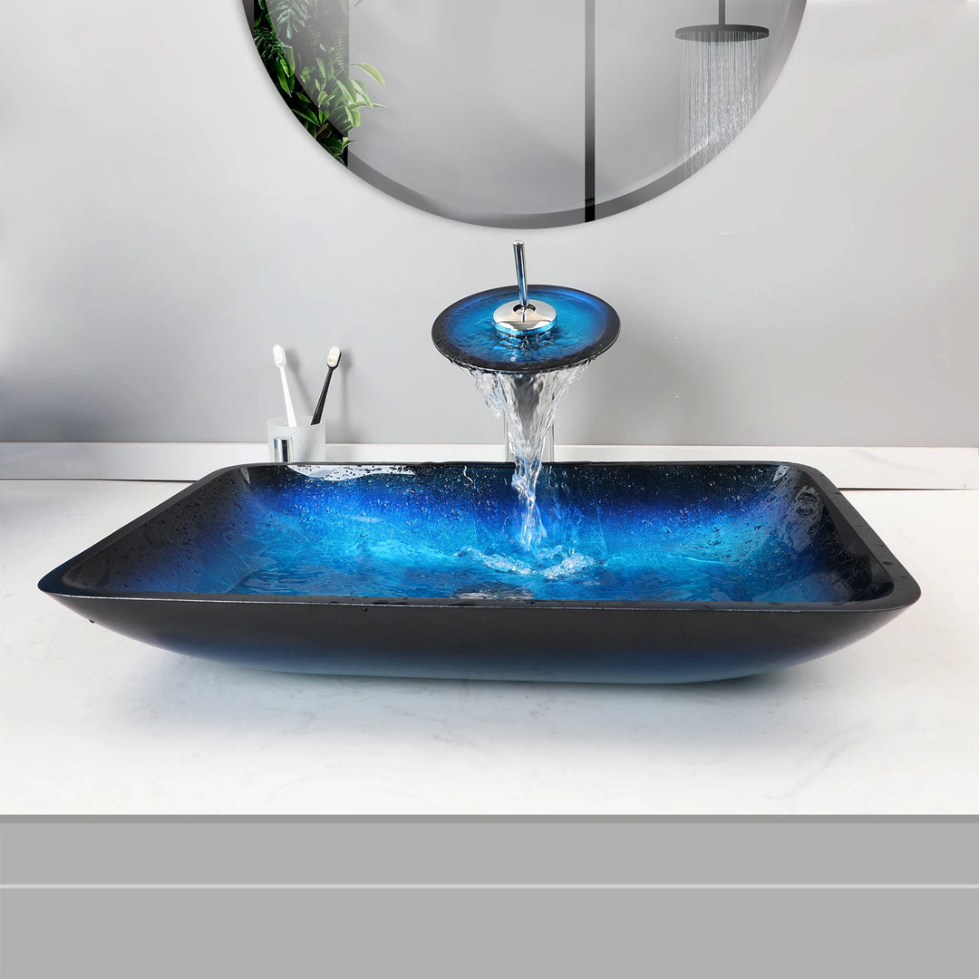 KEMAIDI Big Tempered Glass Basin Sink Washbasin Bathroom Vessel Sinks Counter Top Bowl Washroom Vessel Vanity Sink Faucet Set