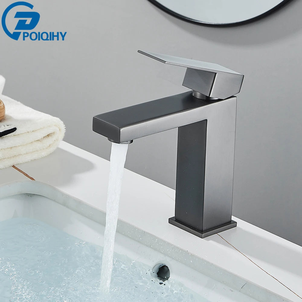 Brushed Nickel Basin Faucet Black Bathroom Faucet Deck Mounted Basin Sink Tap Mixer Hot & Cold Water Stainless Steel Faucet