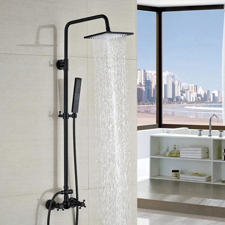 KEMAIDI Bathroom Black Shower Set Wall Mounted 8" Rainfall Shower Faucet 3-functions 2 Cross Handles Solid Brass Shower Fixtures