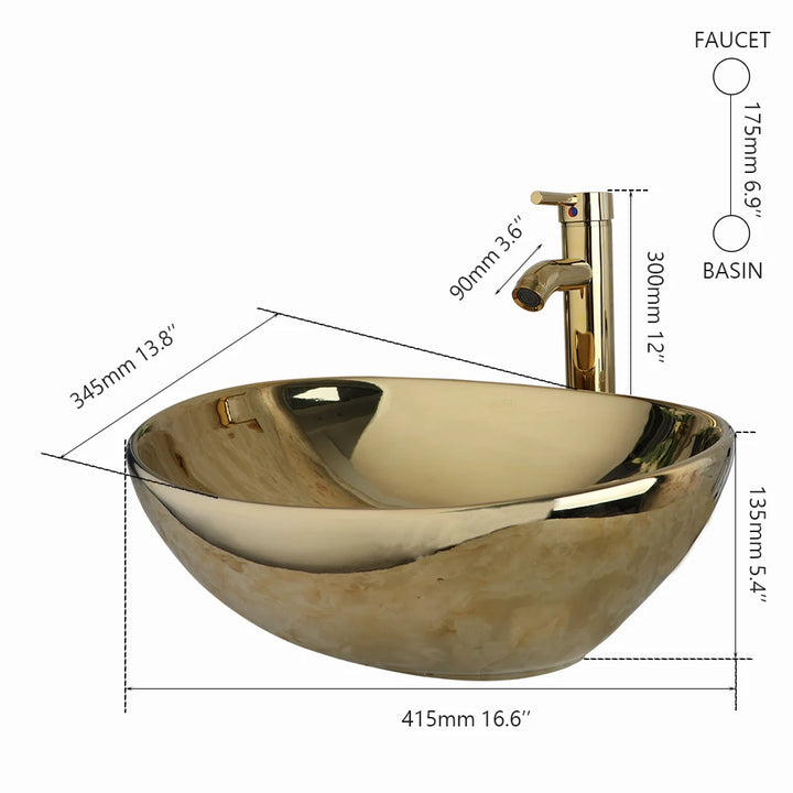 KEMAIDI Bathroom Vessel Sink 16 Inch Gold Ceramic Sink Bowl With Faucet Oval