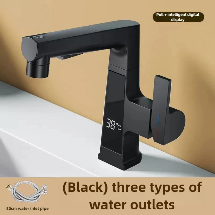 Digital Display Pulling Faucet Intelligent Temperature Sensor Brass Washbasin Taps Rotating Lifting Cold and Hot Water Mixer Tap