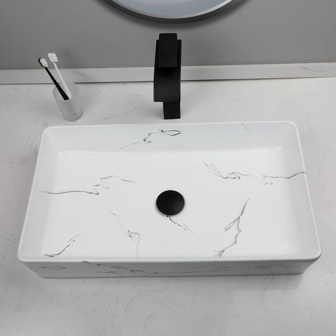 KEMAIDI Black Vanity Sink Rectangle Marble Bathroom Vessel Sink Above Counter Sinks for Bathrooms